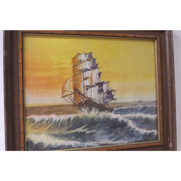 Sailing Ship on top of a Wave, Embroidery Painting, Framed, Fiber Art, Sea, - Picture 2 of 4